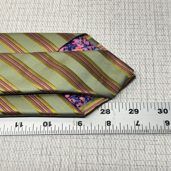 JOSIAH FRANCE Made in Italy Green Pink Striped Elegant Repp Silk TIe - Picture 3 of 4